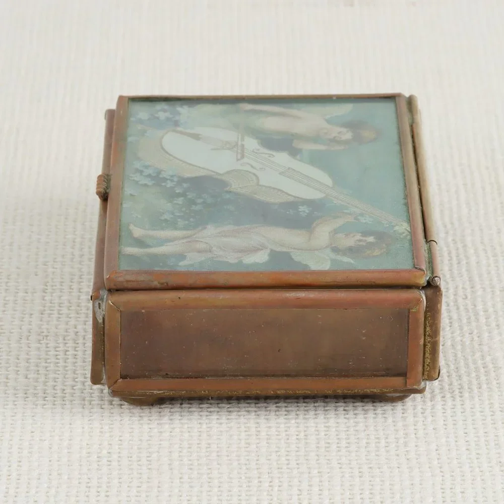 Vintage Cupid Angel Glass Brass Jewelry Trinket Box